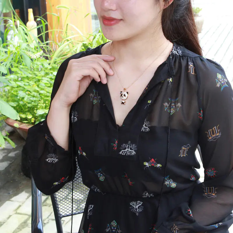 Cute Panda Necklace with Sparkling Pendant, Long Chain