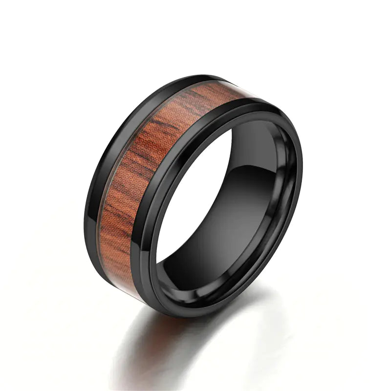 Titanium Steel Ring with Acacia Ebony Teak Inlay