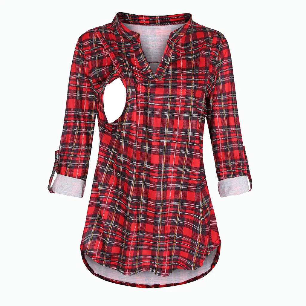 Plaid Print Long Sleeve Nursing Top for Mothers