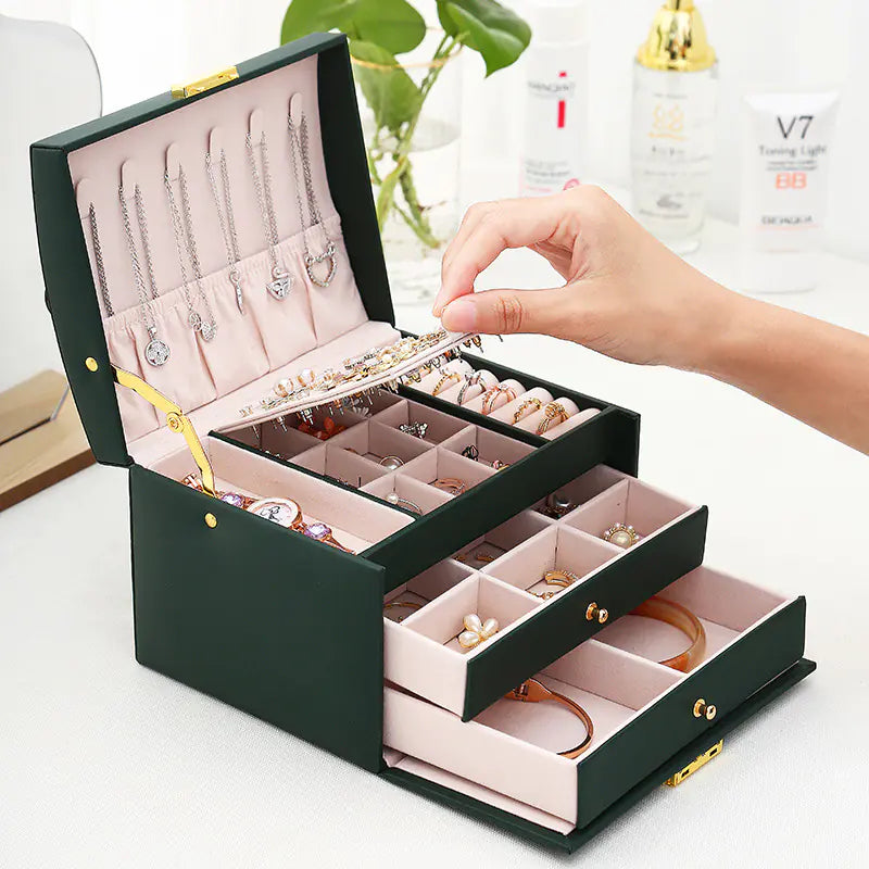 Minimalist 3-Tier Leather Jewelry Box with Lock