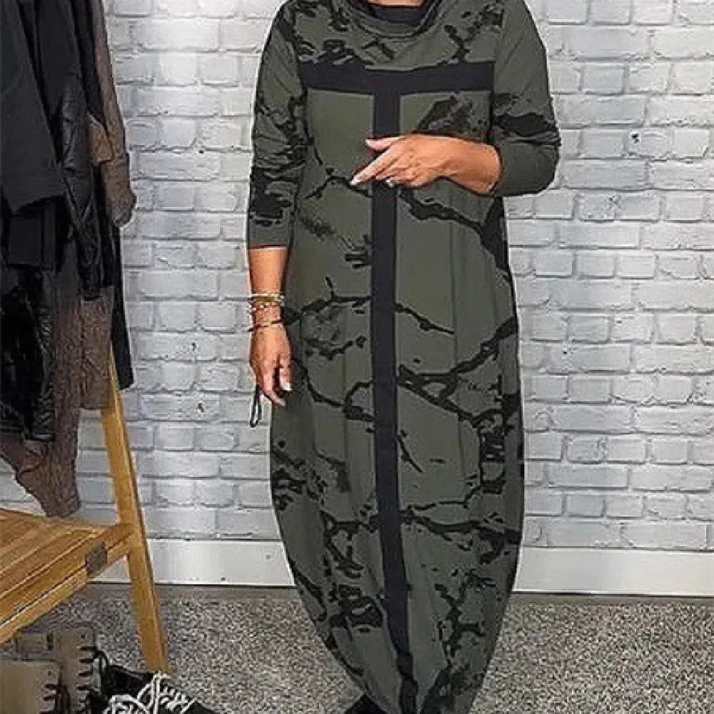 Multicolor Printed Stand Collar Long Sleeve Dress