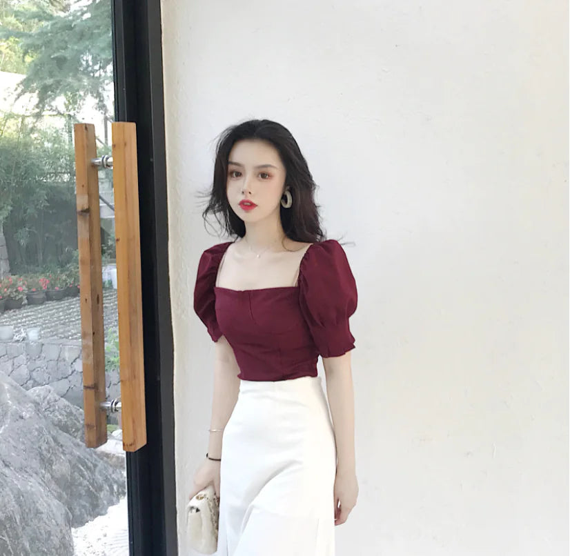 High-Waisted A-Line Skirt with Side Slit and Burgundy Top