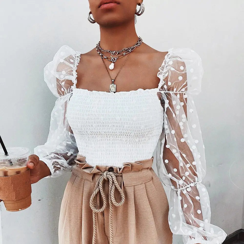 Sheer Off-Shoulder Puff Sleeve Top