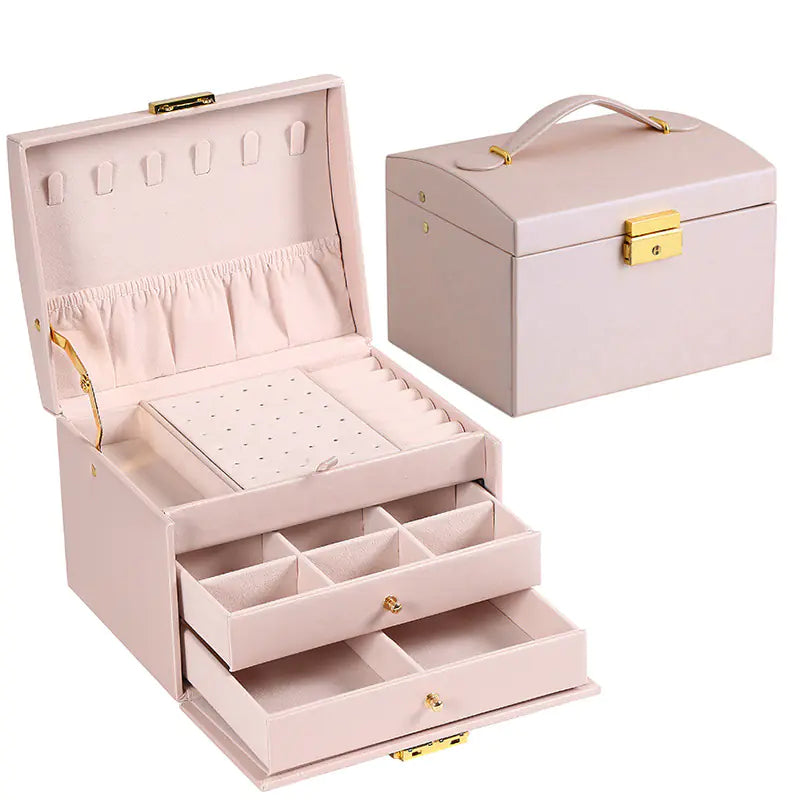 Minimalist 3-Tier Leather Jewelry Box with Lock