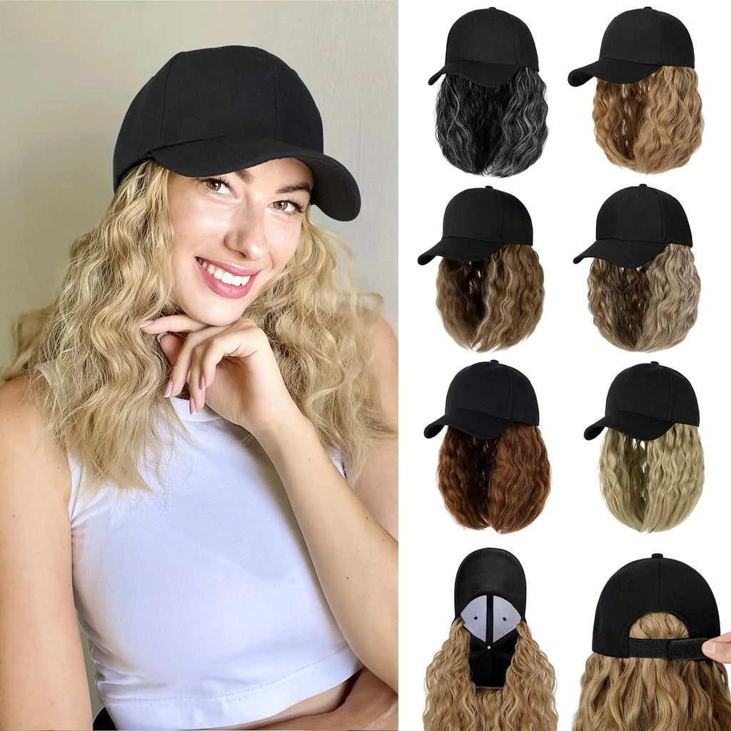 Cephermer Baseball Hat WigHat with Hair attached 16 Adjustable Black Cap with Wavy Curly Synthetic Bob Hair Extensions for Women Girls(Ash Blonde)