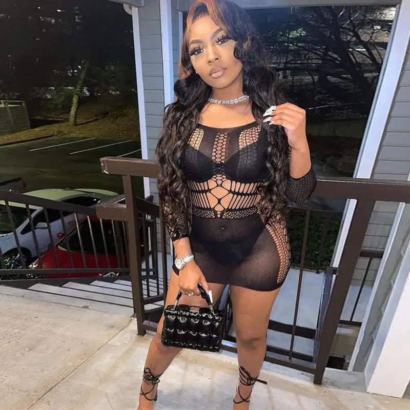 Slim Fit Long Sleeve Fishnet Sheath Dress