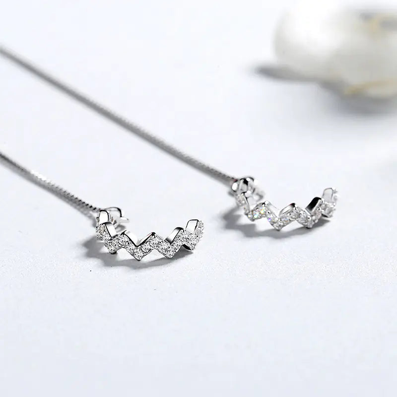 S925 Silver Wave Earrings with Zircon and Moon Design
