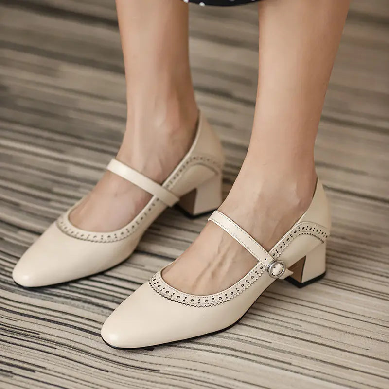 Vintage Floral Leather Mary Jane Heels with Block Heel