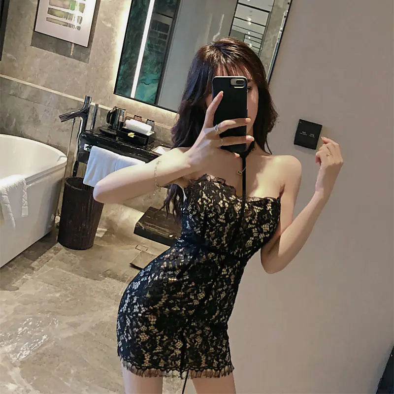 Lace Halter Dress with Fitted Bodycon Skirt