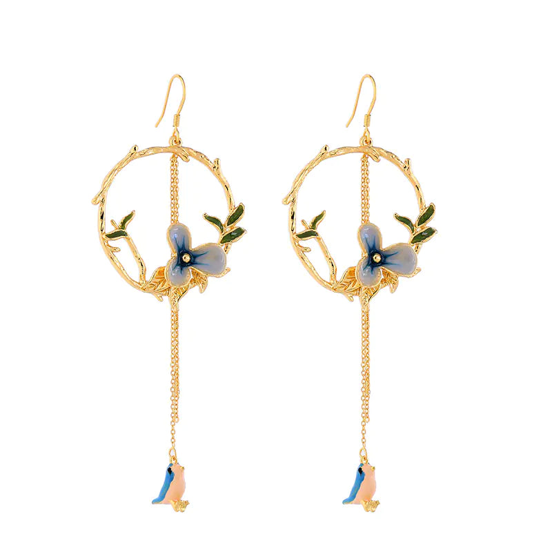 Vintage Flower and Bird Long Dangle Earrings for Women