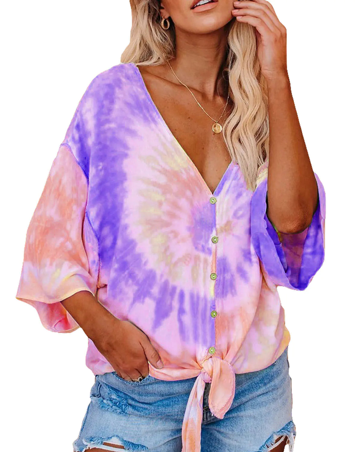 Tie-Dye Print Batwing Sleeve T-Shirt for Women
