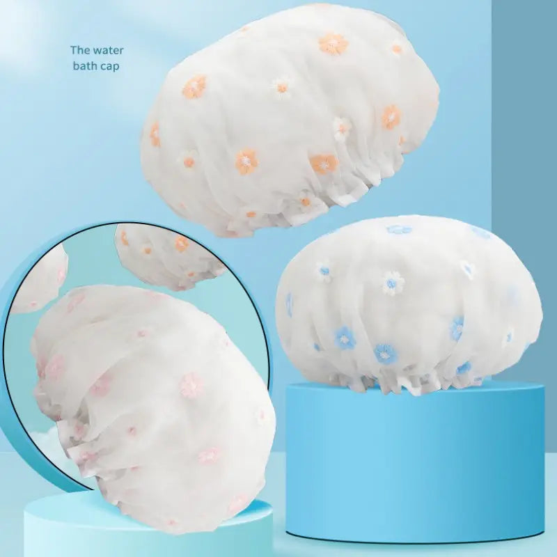 Double Layer Waterproof Shower Cap with Daisy Embroidery