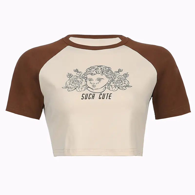 Retro Round Neck Brown T-shirt - European & American Style