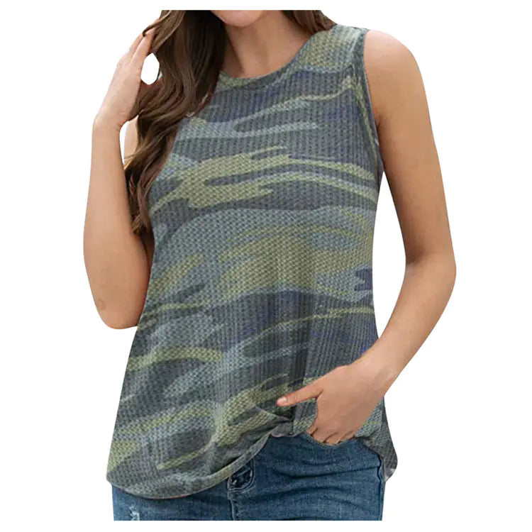 Knot-Crop Camouflage Knit Sleeveless Casual T-Shirt