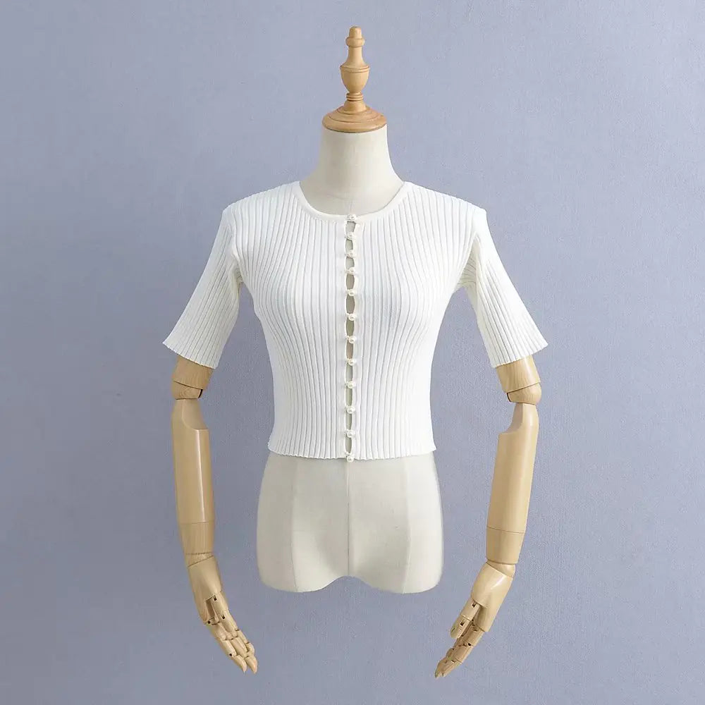 Purple Pearl Button Cropped Knit Top for Women