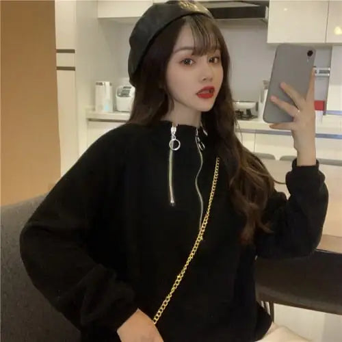 Short Stand Collar Long Sleeve Drawstring Top