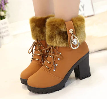 Chunky Heeled Martin Boots with Plush Strap, British Style
