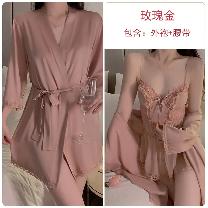 Lace and Mesh Deep V Nightgown and Robe Set 2216