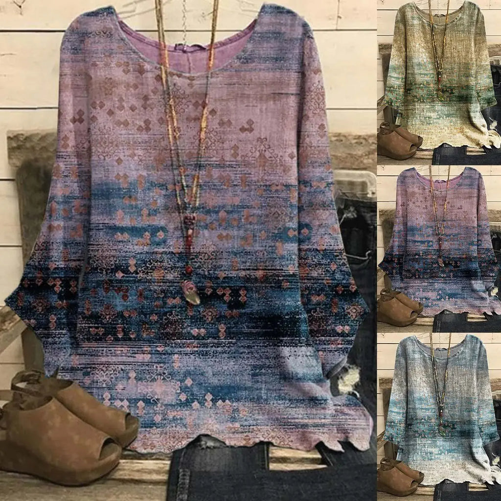 Cotton Linen Print Retro Round Neck Loose Top