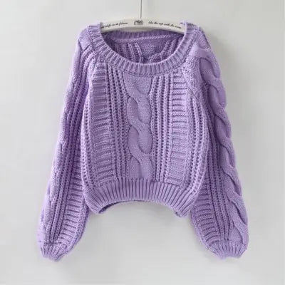 Short Lantern Sleeve Sweater with Round Neck