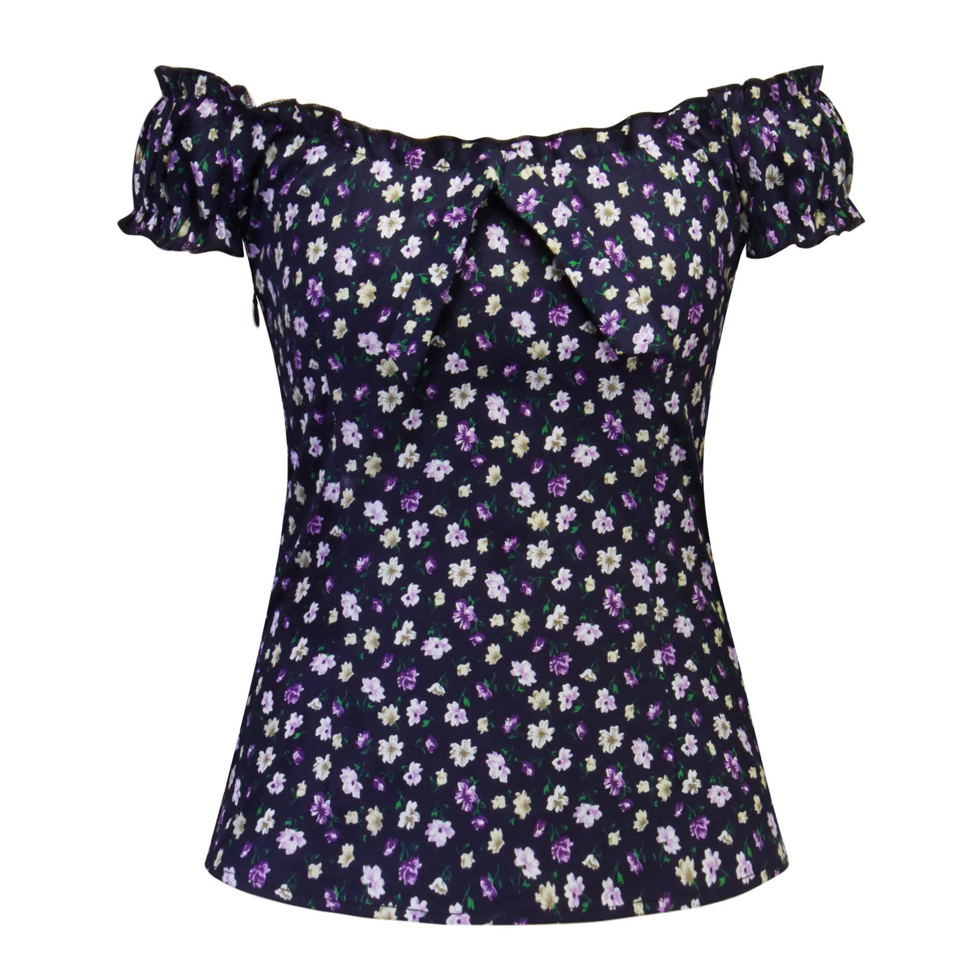 Sweet Ruffle Off-Shoulder Printed Slim Fit T-Shirt