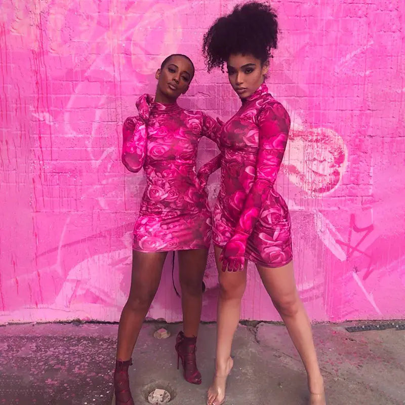 Women’s Printed Long Sleeve Dress with Gloves and Fitted Design