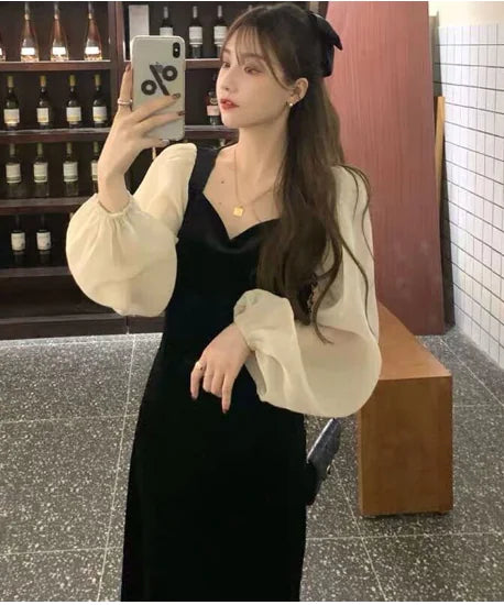 Elegant Velvet Dress with Puff Sleeves and Color Block Design