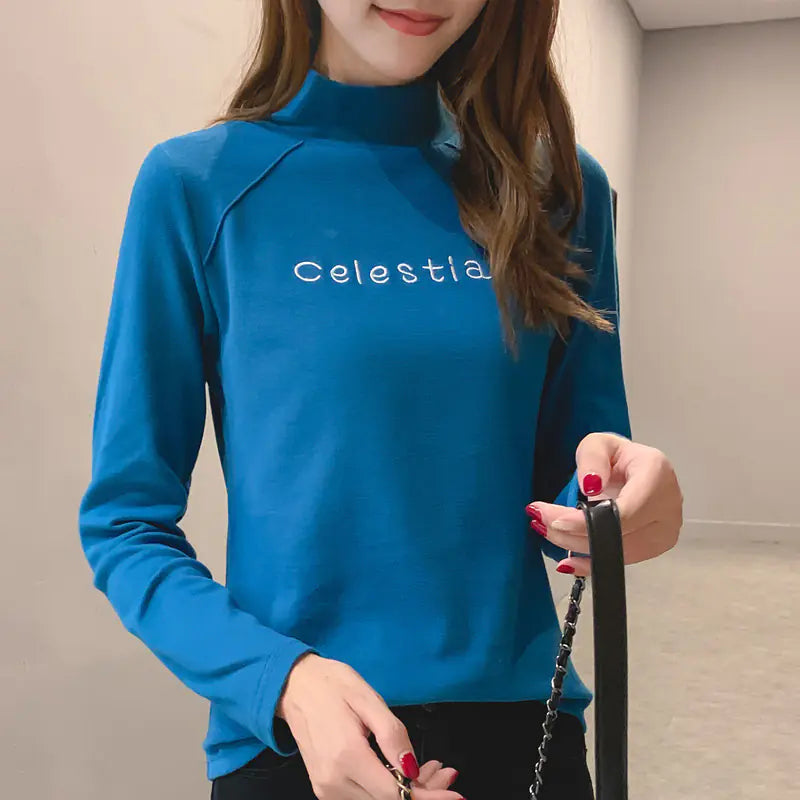 Embroidered Mock Neck Pullover Top for Women