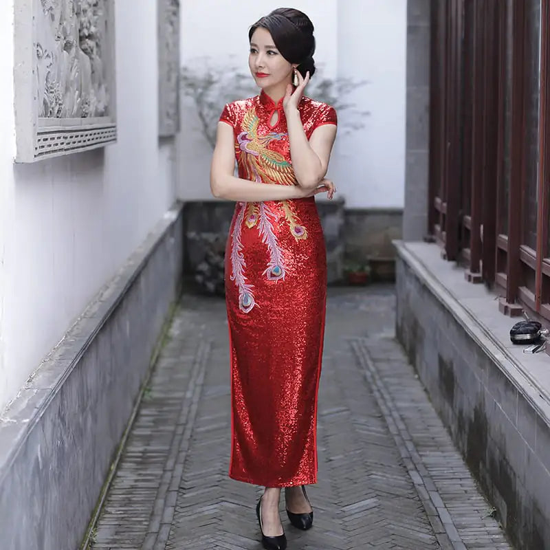 Red Phoenix Ethnic Style Cheongsam Dress for Weddings