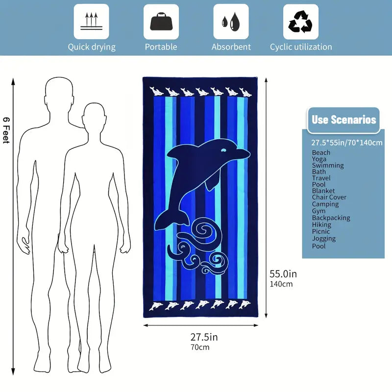 Blue Dolphin Microfiber Beach Towel - Oversized 55"x27.5"