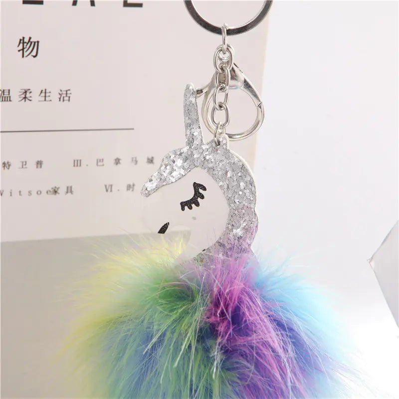 Colorful Pom-Pom Unicorn Keychain with Plush Detail
