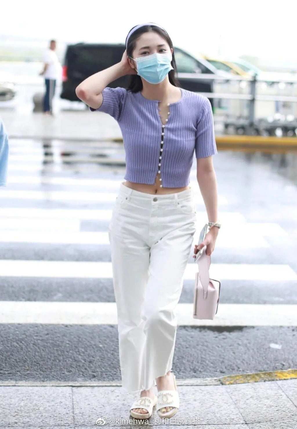 Purple Pearl Button Cropped Knit Top for Women