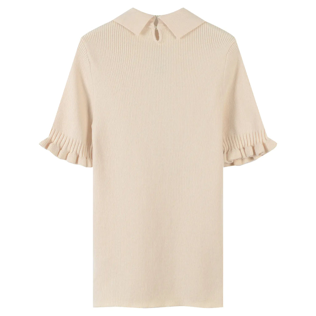 French Elegant Women's Knit Top with Tie and Lace Details