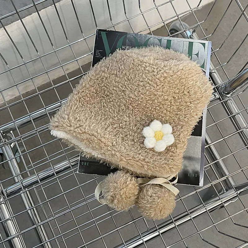 Small Flower Plush Lei Feng Hat for Kids' Warmth