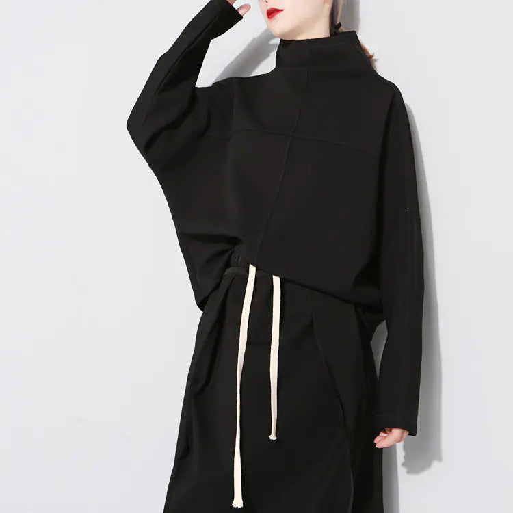 Batwing Pullover Hoodie with High Neck Bark Texture