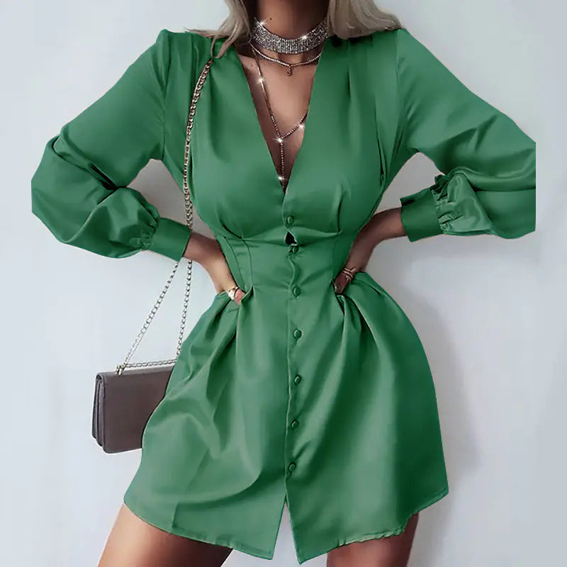 Autumn New Women's Solid Color V-Neck Dress