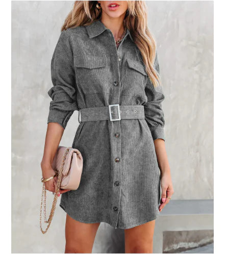 Corduroy Long Sleeve Midi Dress with Asymmetrical Hem