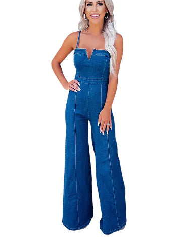Blue Spaghetti Strap Notch V Denim Jumpsuit (One Piece)