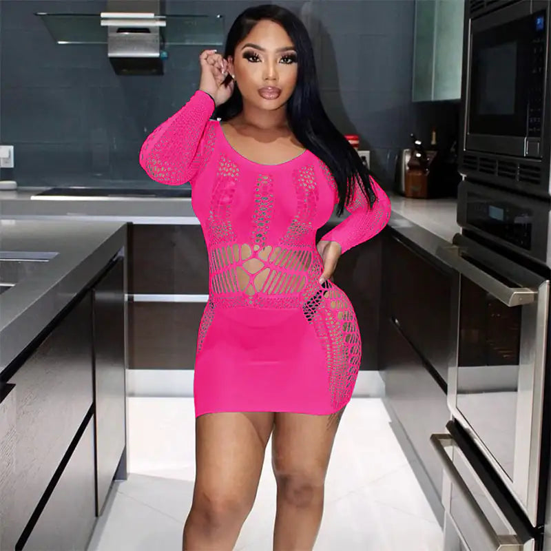 Slim Fit Long Sleeve Fishnet Sheath Dress