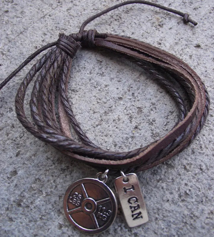 Retro Multi-Layer Leather Bracelet with Dumbbell Charm
