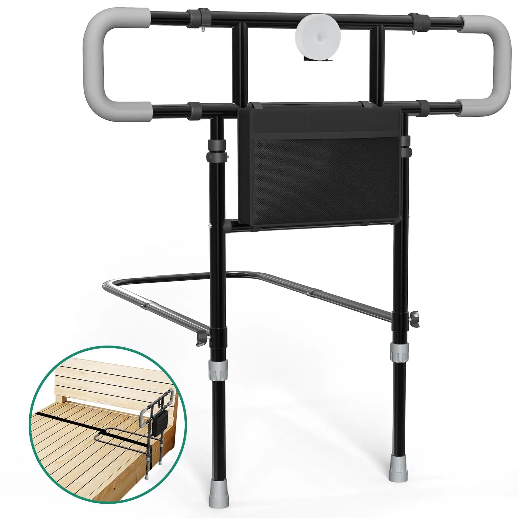Bed Rails for Elderly Adults Safety Foldable Extended Bed Guard Rails for Adults Height Adjustable Bed Cane Bed Assist Rails for Seniors with Safety Strap Storage Pocket LED Light