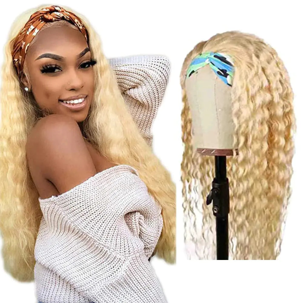Blonde Headband Wig Human Hair Deep Wave Non Lace Front Wig Unprocessed Virgin Hair Glueless Deep Wave 613 Colored Headband Wigs Blonde Full Machine Made Wig for Women 18 Inch