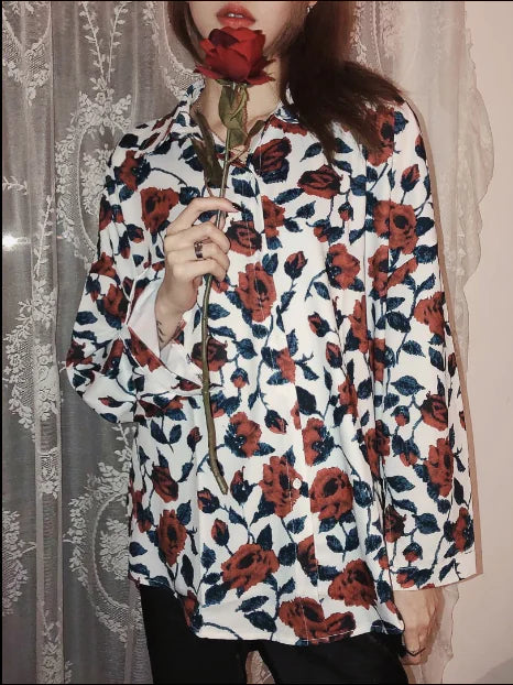 White Rose Vintage Loose Long Sleeve Shirt for Women