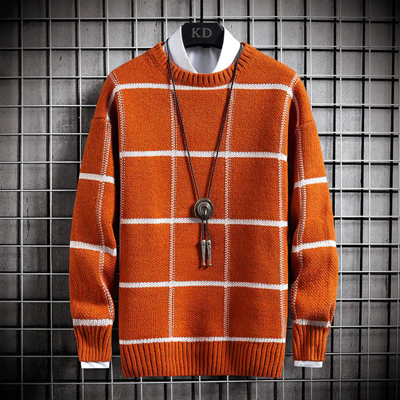 Men's Thick Knit Sweater - Casual Long Sleeve Plaid