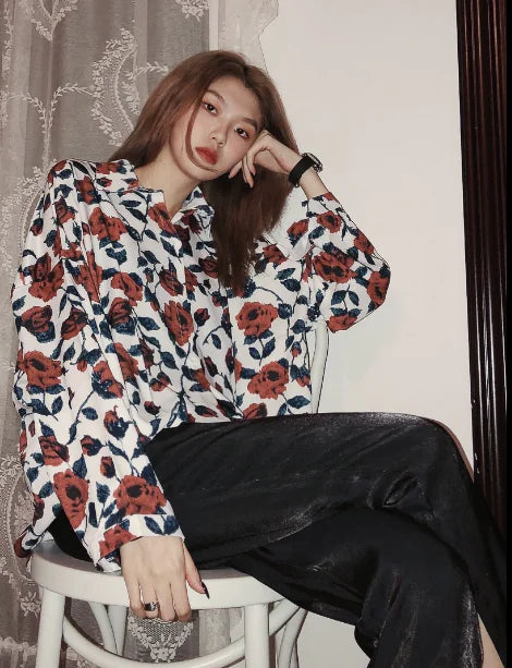 White Rose Vintage Loose Long Sleeve Shirt for Women