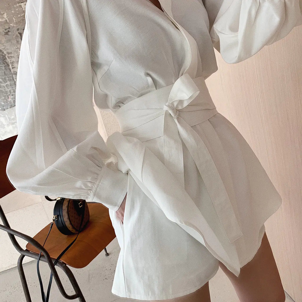 Women's Spring White Shirt and Wide-Leg Shorts Set