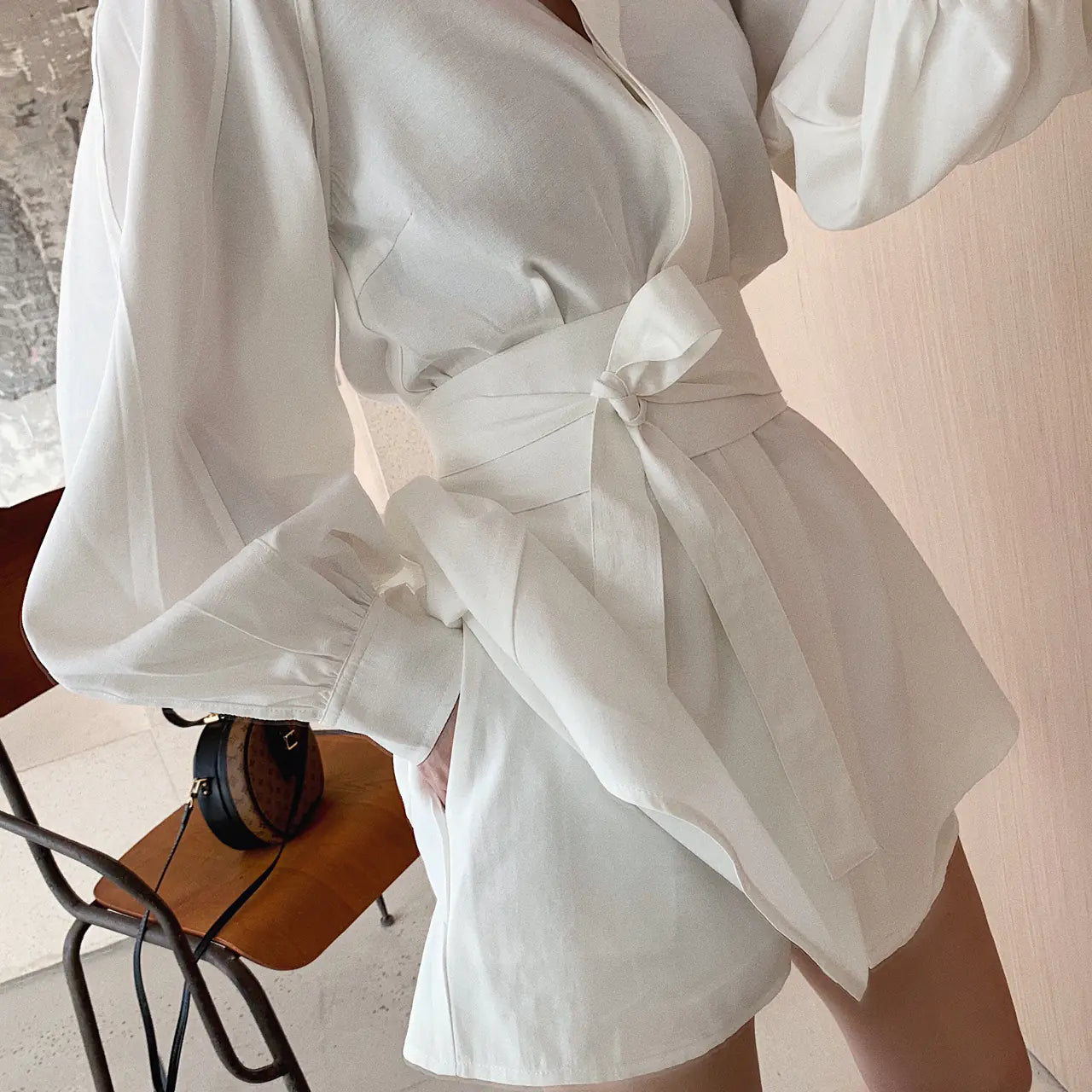Women's Spring White Shirt and Wide-Leg Shorts Set