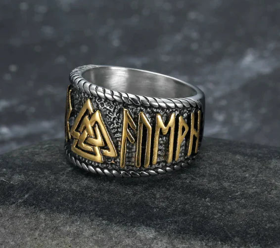 Handcrafted Stainless Steel Valknut and Rune Ring