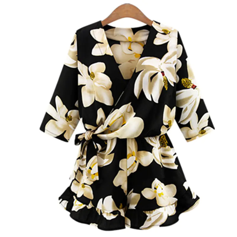 Floral Print V-Neck Short Sleeve Jumpsuit