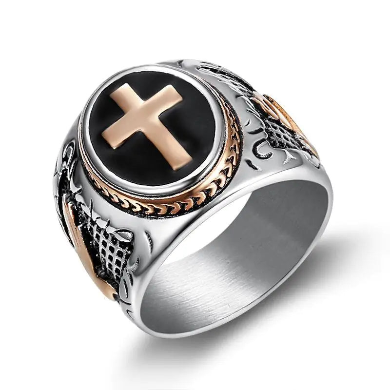 Titanium Steel Men's Cross Ring with Black Resin Design